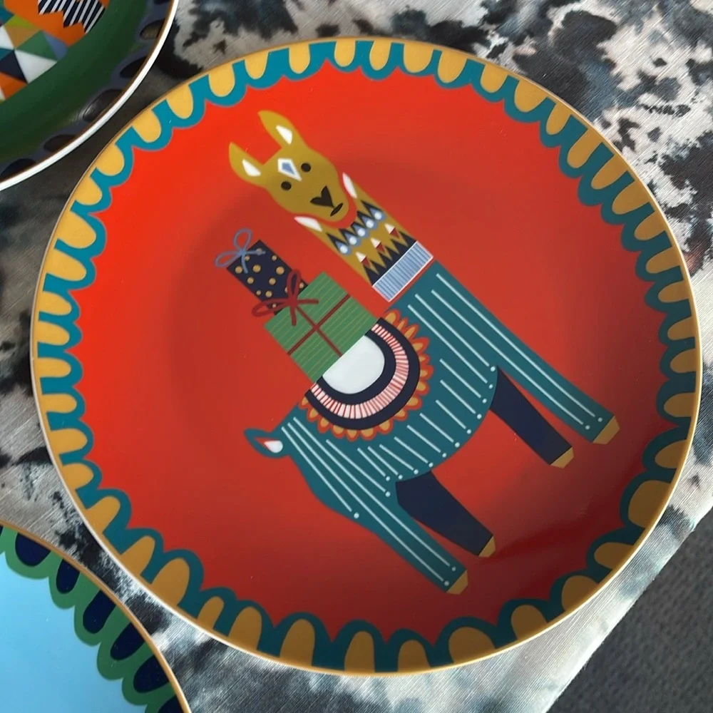 West Elm Animal Celebration Plates Set 3 Christmas Holiday 9” porcelain lama fox